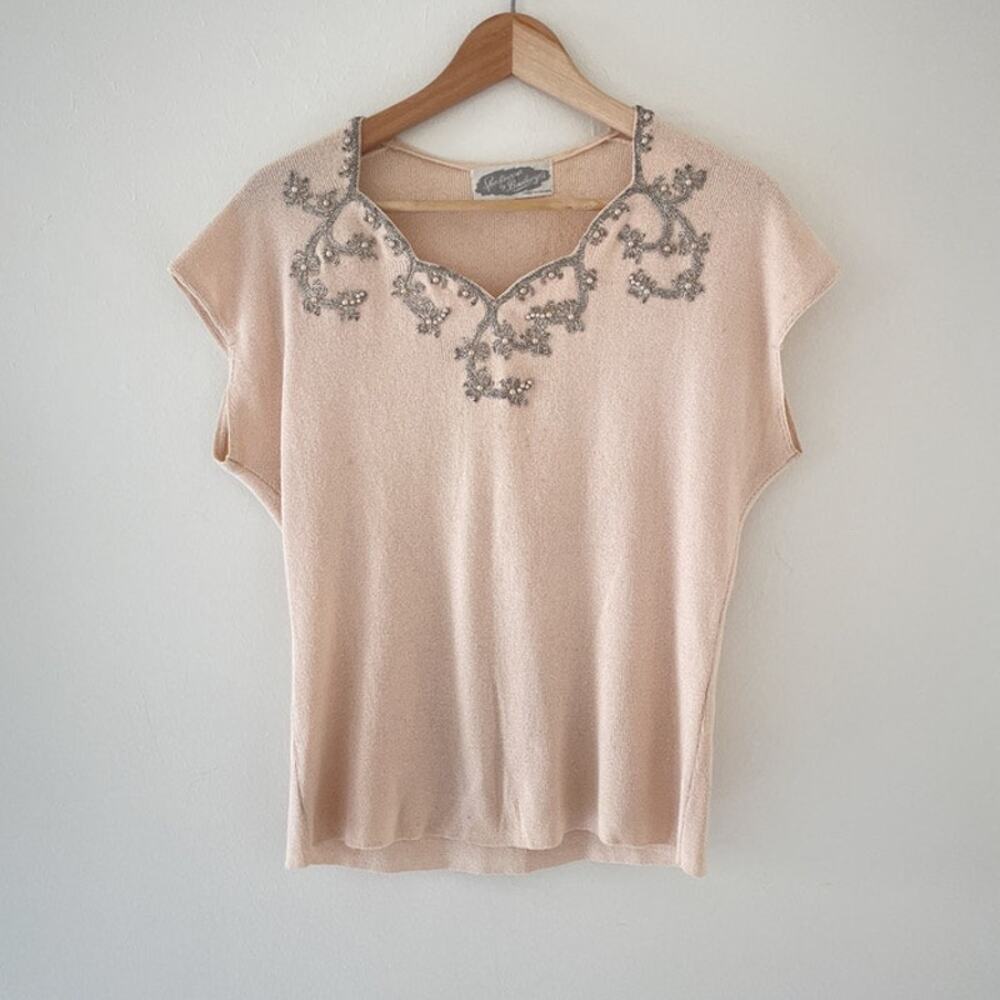 Vtg 50s Sportswear Boulanger Pale Pink Knit Beaded Top 40 England True Vintage